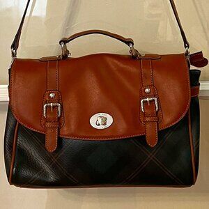 Satchel Crossbody – Faux Leather Plaid & Cognac Brown